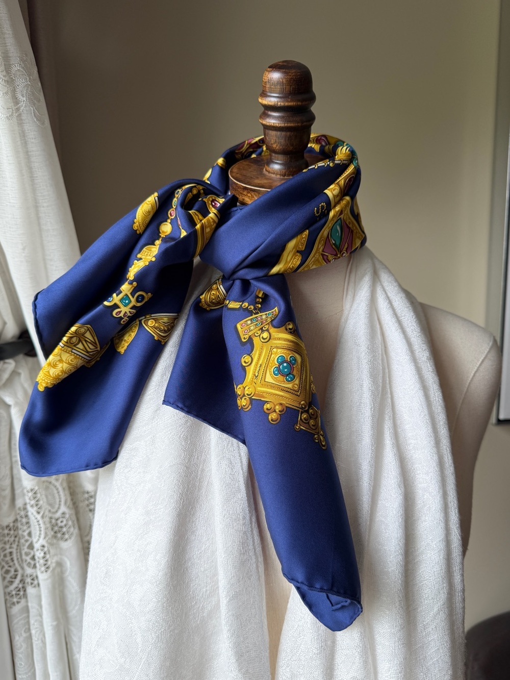 Hermes Navy & Gold Silk-Look Scarf with Jewel Motif